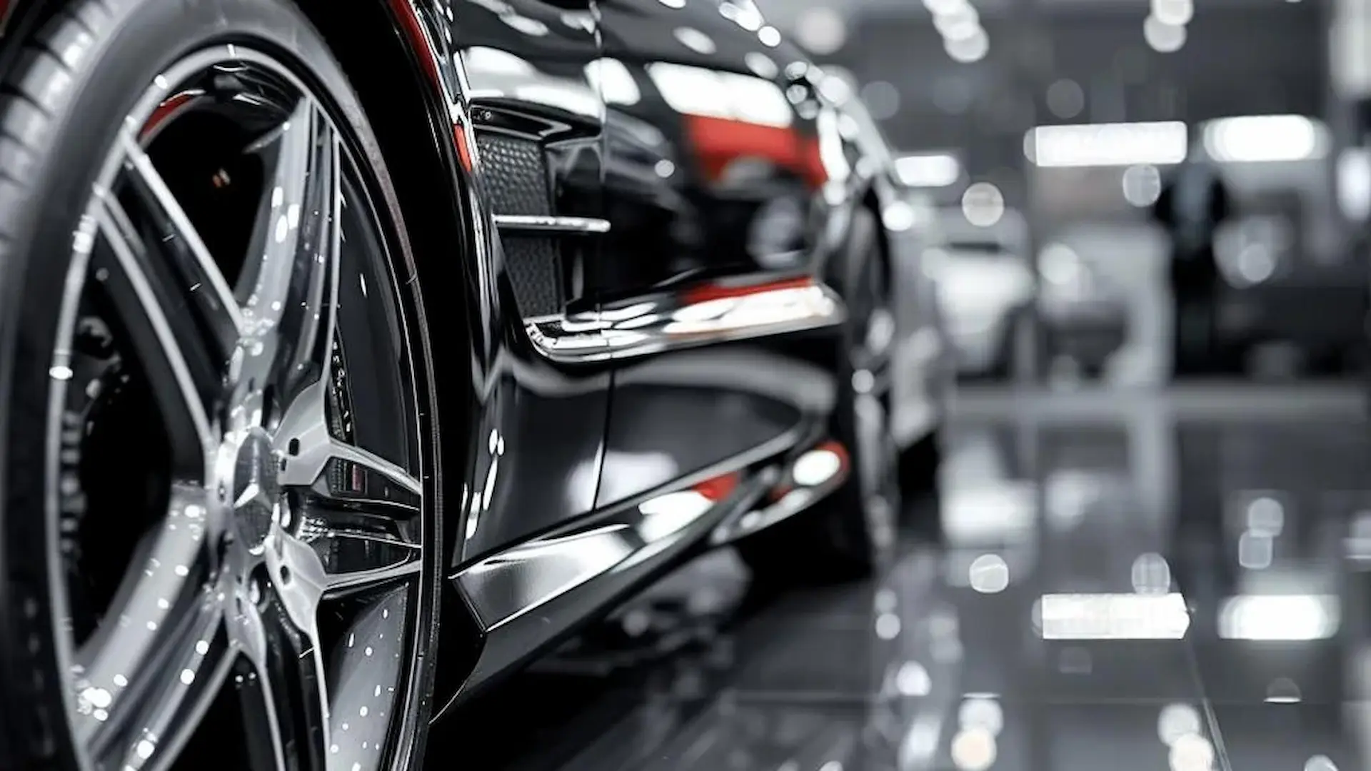 Shiny black luxury car with polished wheels after professional car wash and detailing in Westbury, NY