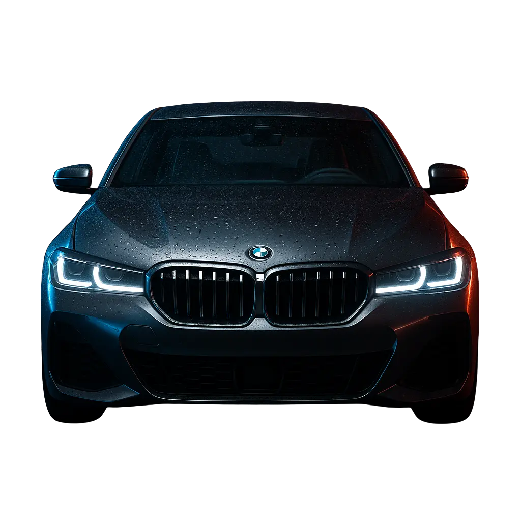 BMW luxury sedan with water droplets on hood after professional car wash in Westbury NY