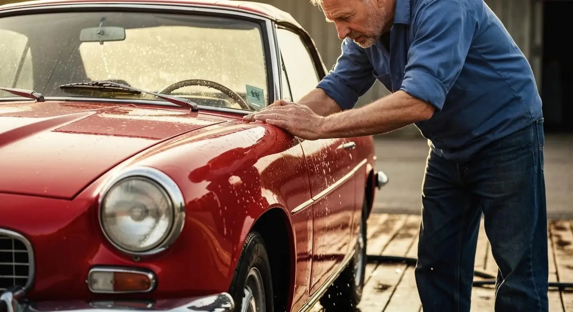 Man hand washing a classic red car at Shine Time Car Wash in Westbury, NY