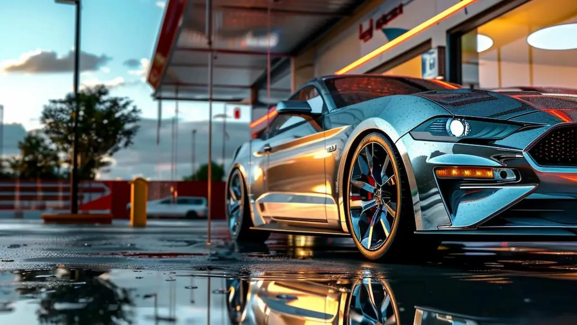 Shiny sports car parked at Shine Time Car Wash in Westbury, NY after a professional wash