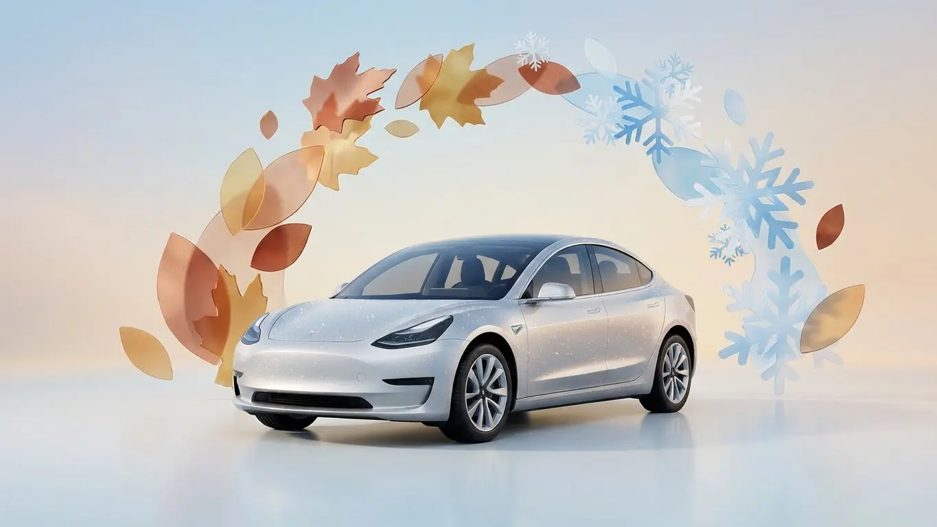 Clean white car with a seasonal swirl design symbolizing year-round car care needs.