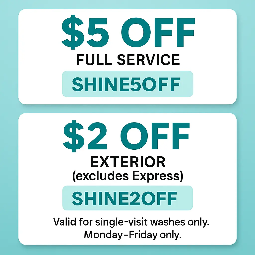 Shine Time Car Wash coupons for $5 off full service and $2 off exterior wash.